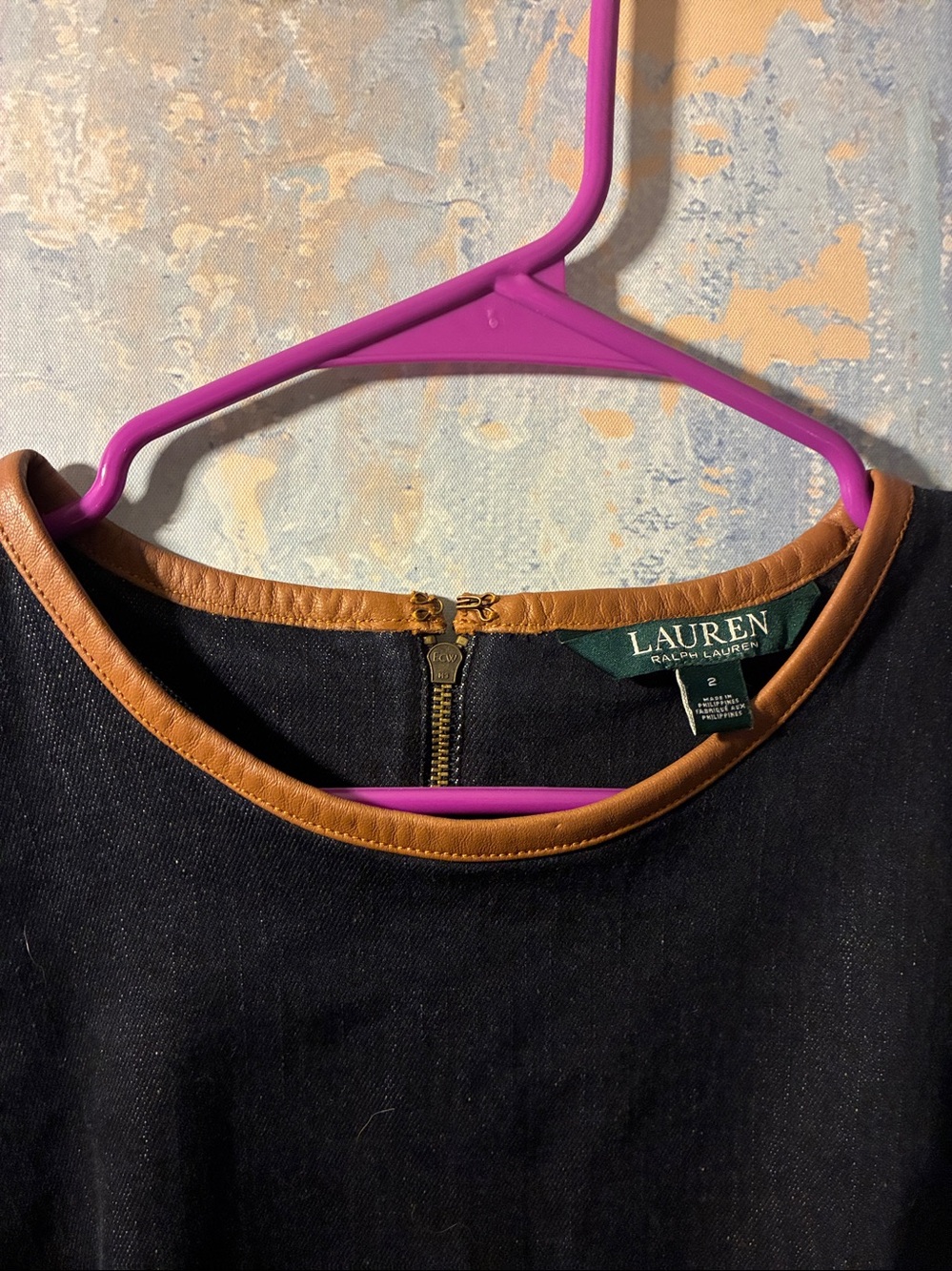 NWOT Lauren Ralph Lauren Black Denim Shift Dress with Genuine Leather  Neck Trim - Picture 6 of 15